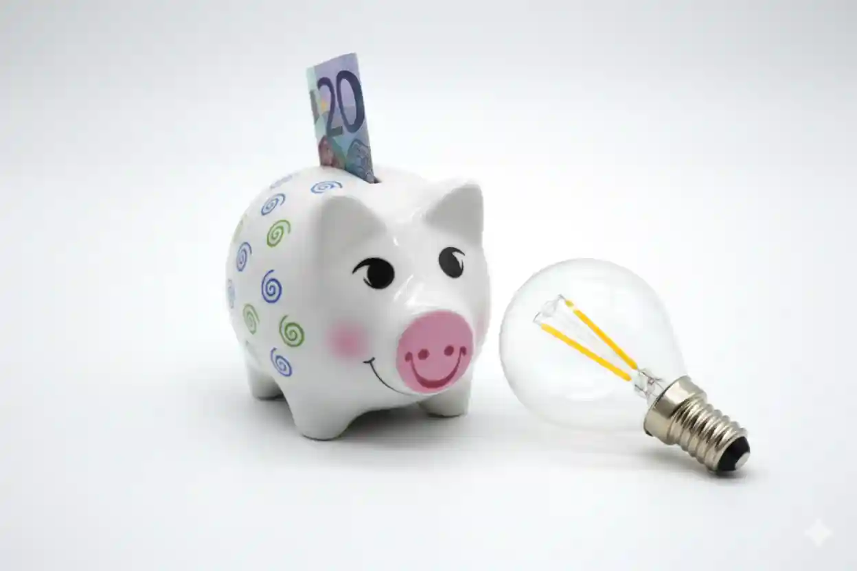 Weißes Sparschwein mit bunten Spiralen und einem 20-Euro-Schein neben einer LED-Glühbirne